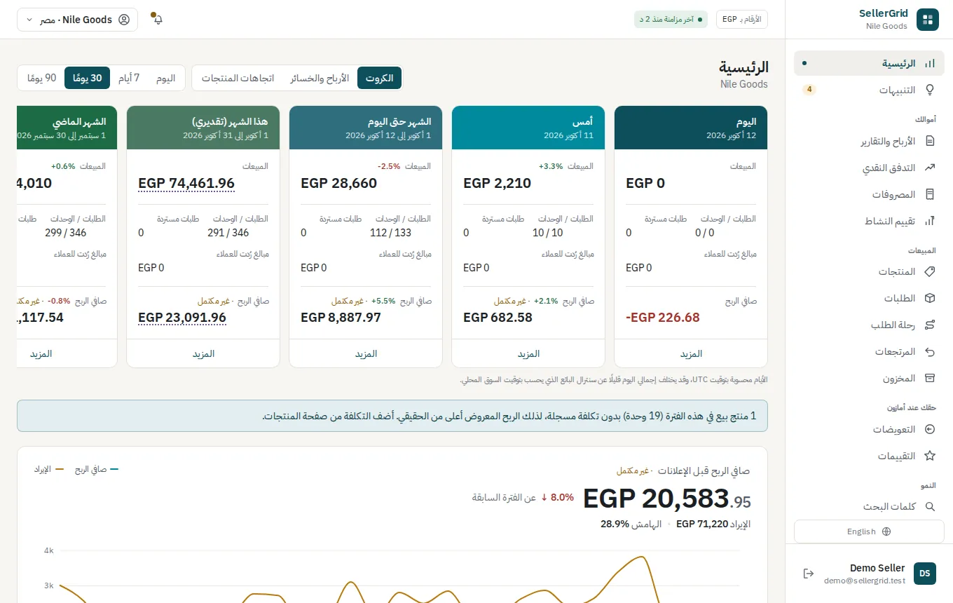 لوحة SellerGrid على حساب تجريبي