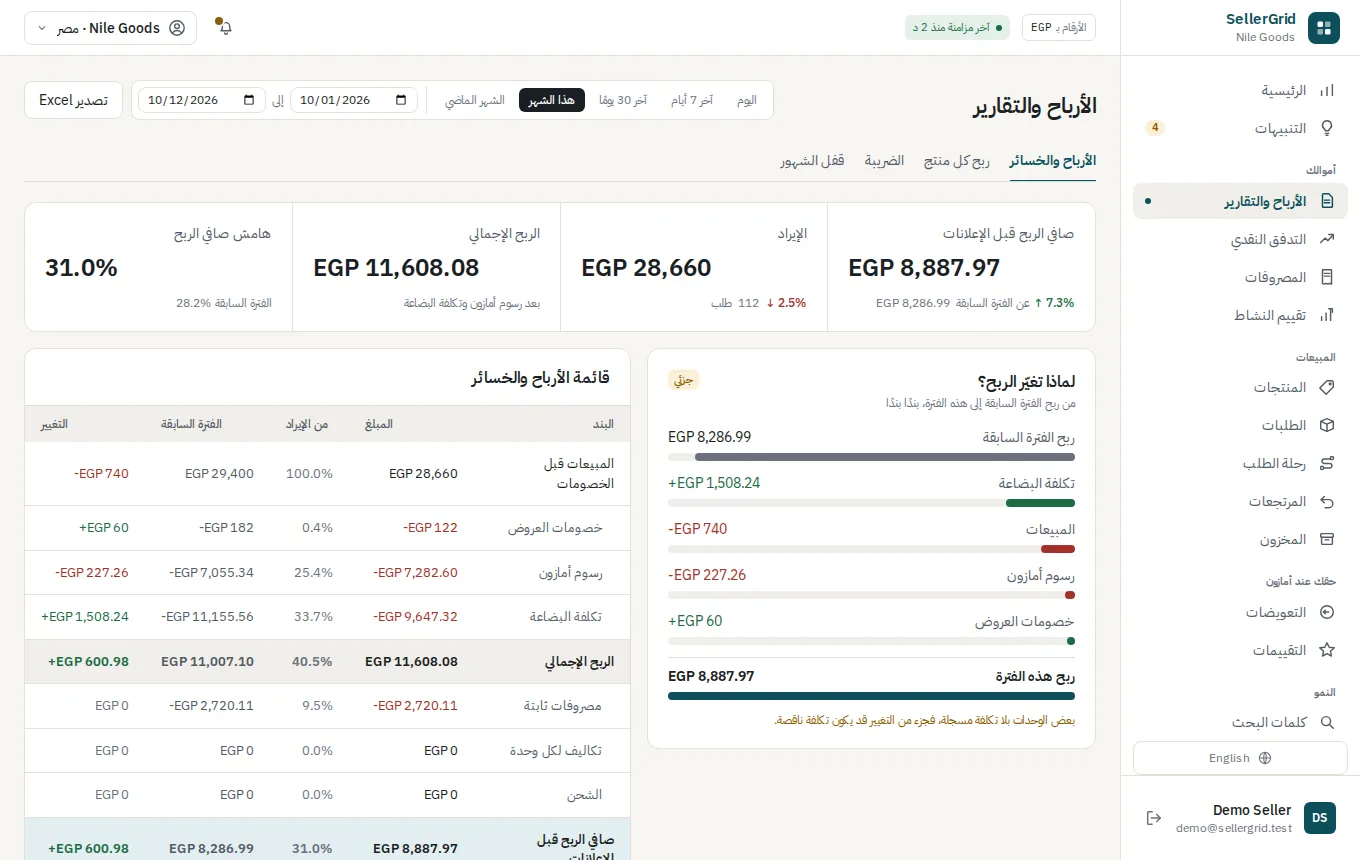 صفحة الأرباح والتقارير على حساب تجريبي