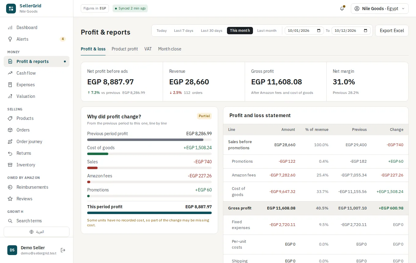 Profit and reports page on a demo account
